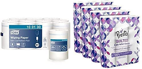 Tork 100130 Papier d'essuyage Advanced - Blanc - 1 pli - lot de 11 rouleaux - 11 x 120 m & Marque Amazon - Presto! Papier toilette 4 épaisseurs MATELASSÉ, Lot de 48 (4x12x160 feuilles), Motif: Gemme