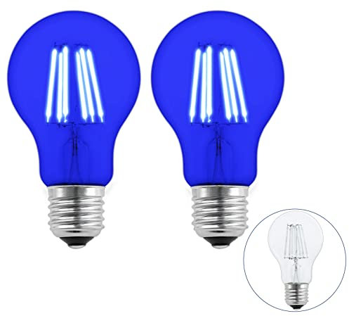 Caldarax 2er Pack E27 Blau LED Glühbirnen 6W, Ersatz für 60W Glühlampe, 600 Lumen, A60, Klare Filament LED-Lampen, Farbige Glühbirne, für Hochzeit Halloween Weihnachten Party Bar