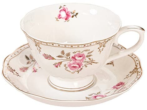 fanquare Juego de Taza de Café y Platillo 220ml, Taza de Café Rosa Claro con Borde Dorado, Taza de Té de Porcelana Vintage