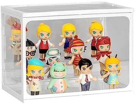 Glass Display Case for Figures with Light 2 Tier Clear Display Stand for Collectibles Stackable Assemble Display Box for Action Figures Toys Dustproof Clear Storage Box Showcase for Pop Mart