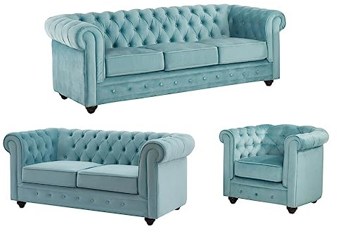 Vente-unique - Sofa 3-Sitzer + Sofa 2-Sitzer + Sessel Chesterfield - Samt - hellblau