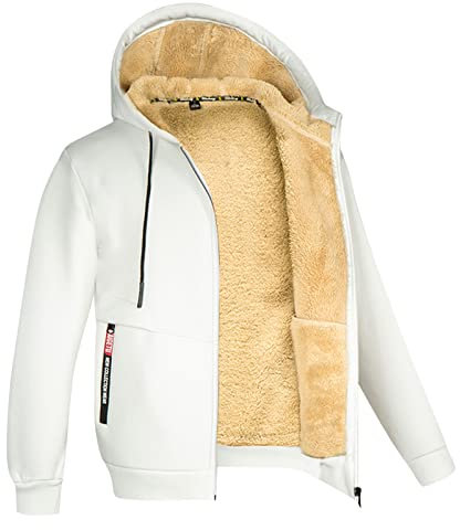 BOTCAM Herren-Mantel, übergroßer, Warmer, mit Fleece gefütterter Kordelzug-Hoodie, einfarbiger, Dicker Winter-Pullover mit Reißverschluss Trainingsanzug Herren Rot (White, XXL)