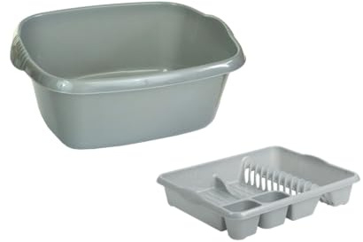 Aurora - Plastic Rectangular Washing Up Bowl & Large Dish Drainer Rack Plate Holder Kitchen Sink Set of 2 (Silver)