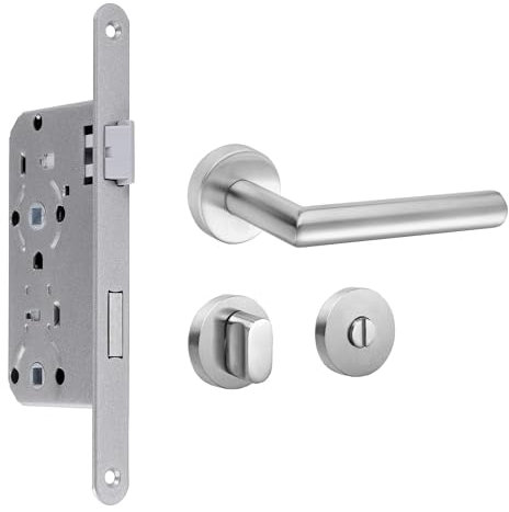 Einsteckschloss für Zimmertüren Dornmaß 55 mm Stulp 20 mm, silber (DIN-Links, WC inkl. Rosettengarnitur)