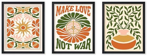 Poster Master 3-teiliges Boho-Poster – Retro Make Love Not War Druck – Frieden & Liebe Kunst – Blumenkunst – Geschenk für Männer & Frauen – ästhetische Dekoration für Büro, Schlafzimmer oder