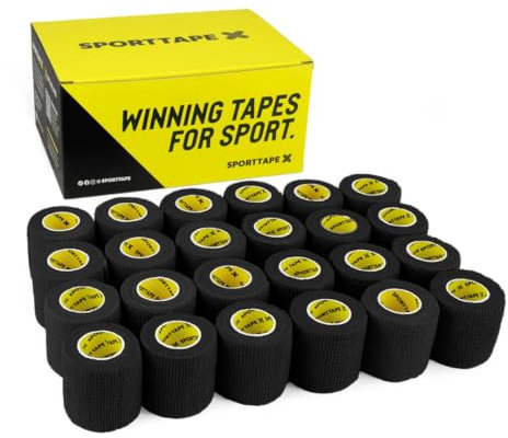 SPORTTAPE 24 Rolls Football Sock Tape, 5cm x 4.5m, Black - Self-Adhesive Cohesive Bandage, Compression Wrap & Sports Stretch Tape for Ankles, Joints, Socks, Vet and Pet Wrap for Dogs and Horses