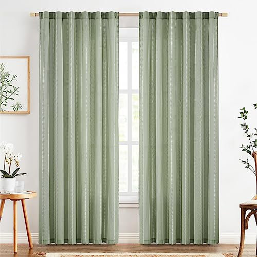 TOPICK 2er Set H 225 x B 140 (cm) Gardinen in Grün für Wohnzimmer Schlafzimmer Küche Leinen Gestreifte Vorhänge Streifen Gardinen mit Tunnelzug Landhausstil Moderne Halbtransparent Vorhänge