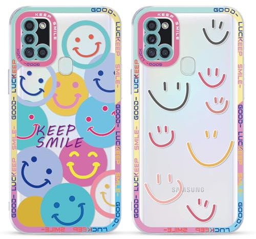Yoedge 2 Stück Happy Smiley Face HandyHülle für Samsung Galaxy A21s 4G Hülle 6,5,Transparent Smile Gesicht Niedliches Muster Design Aesthetic Case Schutzhülle für Samsung A21s 4G Mädchen Frauen Cover