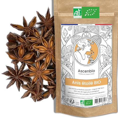 Ascenbio ✿ Anis étoilé, Badiane Chinoise BIO ✿ Parfum chaud, doux et anisé ✿ 180 g Entières ✿ Préparé et conditionné en France ✿ Emballage biodégradable