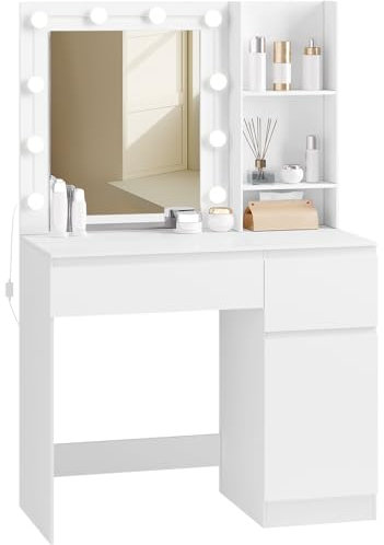 EUGAD Schminktisch mit Beleuchtung LED, 3 Farben, Schminktisch mit Spiegel, Frisiertisch mit 2 Schubladen, 2 Ablagen, 1 Schrank, 90 cm Breite, für Schlafzimmer, Weiß, 0055SZT