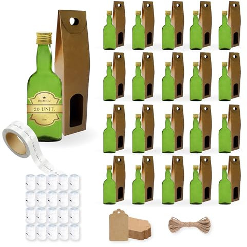 20 Mini-Flaschen Portwein 50 ml mit goldenem Schraubverschluss, Box, Kraftetikett, Faden und Namensschild-Mini Alkoholflaschen, kleine Probenfläschchen - Geschenke für Hochzeiten