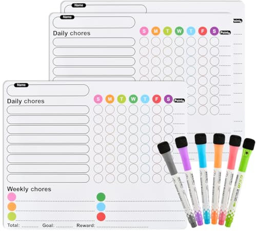 DODUOS 3PCS Magnetic Chores Chart for K ids with 6PCS Fine Tip Markers, Reusable Magnetic Reward Charts, Learning Responsibility Chart for K ids, Reward Chart Magnetic Chore Chart for K ids