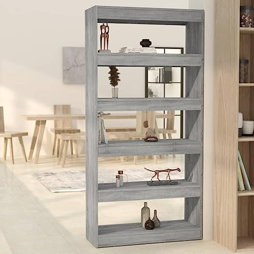 THOYTOUI Bücherregal Raumteiler, Stehregal Bücherschrank Würfelregal Hochschrank Geeignet für Wohnbereich Schlafzimmer Garten Arbeitszimmer Grau Sonoma 80x30x166 cm Holzwerkstoff