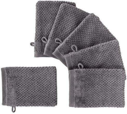 Pure Label 6-TLG. Waschhandschuh Set 16x21cm mit Anhängeschlaufe aus 100% Baumwolle, saugstark, weich und Oeko-TEX Zertifiziert - 6 Waschlappen aus Baumwolle, Anthrazit - Grau