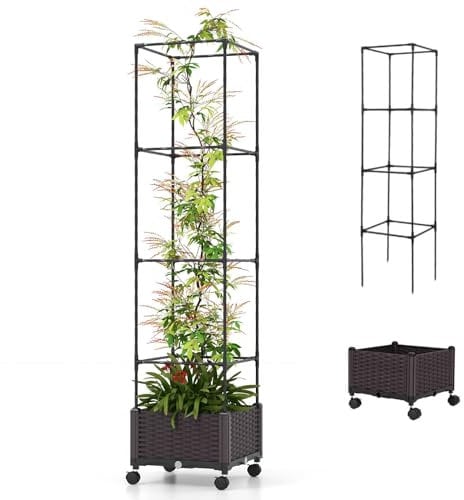 COSTWAY Raised Garden Bed with Trellis, 4 Height Adjustable Rolling Versatile Planter Box with Self-Watering System & Lockable Wheels, Garden Obelisk Trellis Supports Tower for Climbing Plants