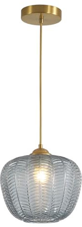 KCO Lighting Mid Century Moderne Globus-Pendelleuchte, gebürstetes Gold, kleine Rauchglas-Pendelleuchte, Vintage-Stil, gestreifte Glas-Deckenleuchte, Messing, Küchenleuchten