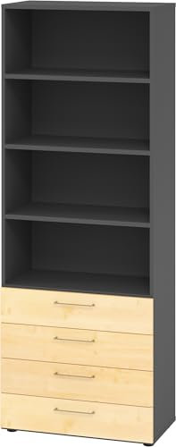 bümö smart Schubladenschrank, Büroschrank 80cm breit in Graphit/Ahorn mit 4 Schüben & 4 Regalfächern - Bürocontainer aus Holz, Container mit Metallgriffen & Soft-Stop Schubladen
