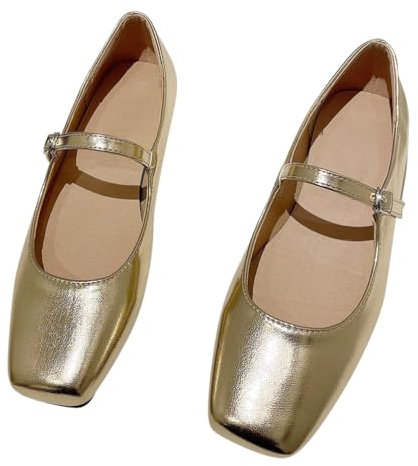 Minetom Damen Mädchen Mary Jane Elegant Schnalle Flache Ballerinas Quadratische Zehe Party Hochzeit Flats Schuhe B Gold 38 EU