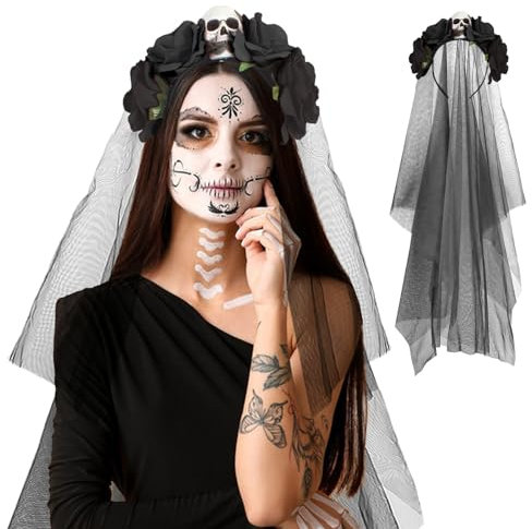 XIMEY Bandeau Jour des Morts, Serre Tete Halloween, Serre Tete Fete des Morts, Serre Tete Fleur dia de Los Muertos, Bandeau de Halloween, Serré Tête Halloween Femme pour Carnaval, Mascarade-Noir