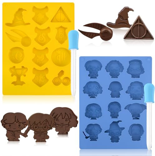 behone Harry Silikonform Pralinen 2 Stück Harry Silikonformen Potter Silikon Backform Pralinen Figur Silikon-Backform mit 2 Pipetten für Süßigkeiten,Schokolade,Süßigkeiten,Gelee