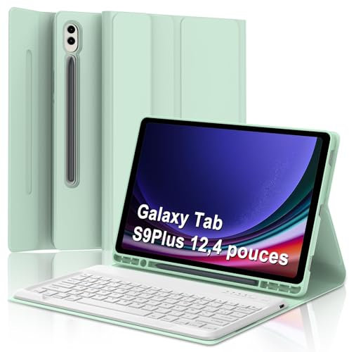 WAVATA Clavier pour Samsung Galaxy Tab S10 Plus 2024/S9 FE+/S9 Plus 12.4, Étui Clavier pour Samsung Tab S9 FE Plus Magnétique Détachable Français AZERTY Layout, Vert Clair