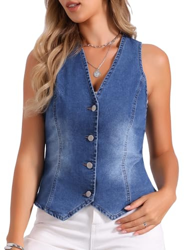 Allegra K Gilet en Jean pour Femme Blouson sans Manches en Denim à Col en V Veste Boutonné Décontractée Vintage Bleu S