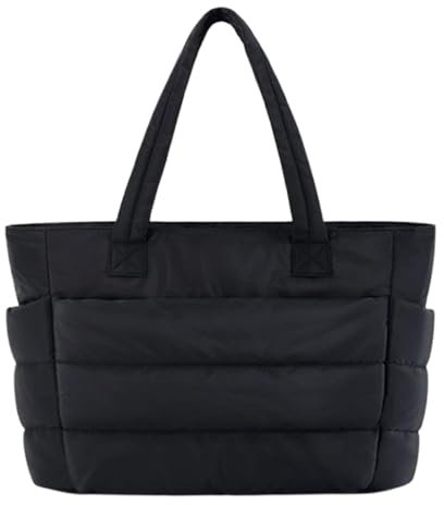 VNDUIFH Women's Quilted Tote Bag, Black, 18L, Multi-Pocket, Laptop Compartment, Adult, Female, Bucket, Polyester