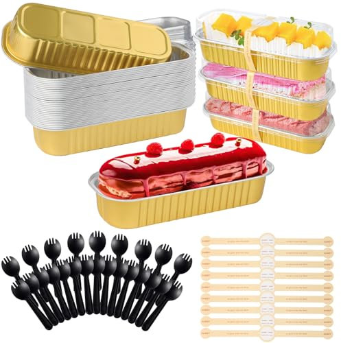 Jogoico Mini Kuchenform mit Deckel & Löffel 30 Stk. Mini Kastenform Kuchen Aluminiumfolie Muffinförmchen 200ml Rechteckige Backformen Aluminium Cupcake Behälter für Brot Kuchen Dessert Gold