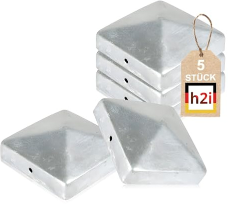 h2i Pfostenkappe | Stahl verzinkt | 71 x 71 mm | 5 Stück | Eckige Abdeckkappe für Garten Holzpfosten Pfostenträger & Zaunpfosten in Pyramidenform | Wetterschutz für Holz-Balken & Pfosten