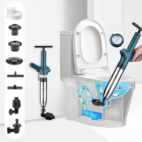 TUAKIMCE High Pressure Toilet Plunger Set, Heavy Duty Toilet Plunger with 1 Holder and 4 Replaceable Heads, Toilet Unblocker for Unblocking Toilets, Bathtub, Sink, Floor Drain, Shower (Blue)