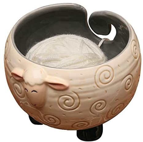 Asuinxurr Sleepy Sheep Ceramic Yarn Bowl Knitting Bowl - Holds Ball of Yarn for Free Needlecrafts, 6inch W x 4.5inch H