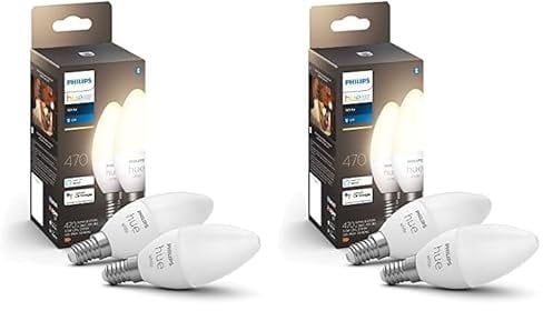 Philips Hue White E14 LED Lampen in Kerzenform 4er Pack (470 lm), dimmbare LED Leuchtmittel für das Hue Lichtsystem mit warmweißem Licht, smarte Lichtsteuerung über Sprache und App