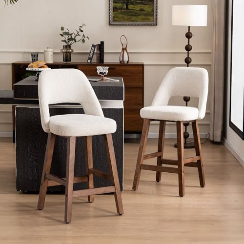 YOUNIKE Barhocker 2er-Set aus Boucle Stoff, 67 cm Sitzhöhe Barstuhl mit Hohlrückenlehne, Gepolsterte Küchenhocker mit Massivholzbeine, Rustikale Tresenhocker für Küche/Hausbar/Esszimmer, Beige