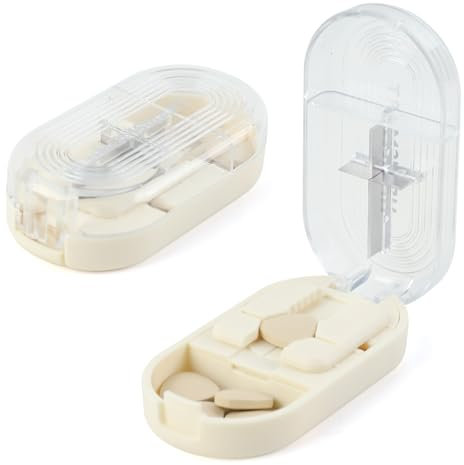 Dzmuero Tablettenteiler, Tablettenschneider, Tablettenteiler für alle tabletten kostenlos, Tragbar, 1 in 2 unterteilt, 1 in 4 unterteilt, Multifunktionaler Medizinschneider, Medikamentenbox (Weiß)