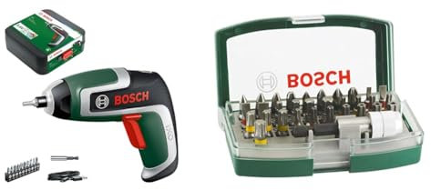 Bosch Compact Cordless Screwdriver IXO (7th Generation; with Micro-USB Cable; Compatible with IXO-Collection Attachments; Screws up to 190 Screws; in Storage Box) + 32pc. Screwdriver Bit Set