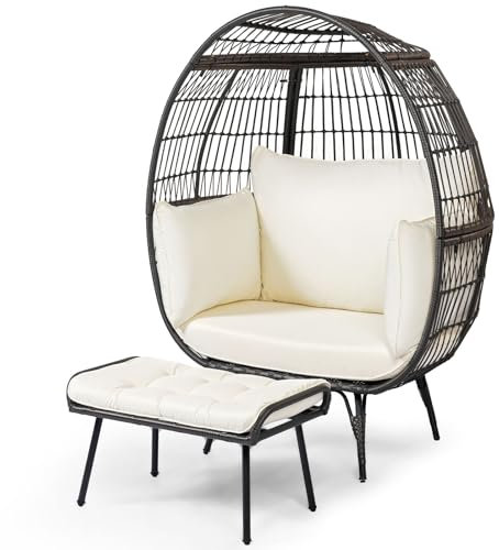 COSTWAY Korbsessel Rattan mit Hocker, übergroßer Gartensessel mit Kissen und Metallgestell, Rattansessel XXL, Loungesessel für Balkon, Garten, Terrasse, Wohnzimmer