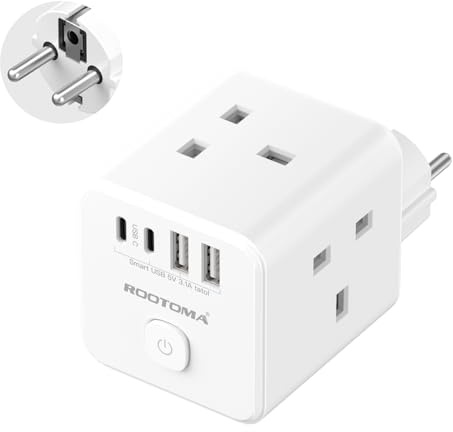 UK to European Plug Adapter with 4 USB Ports(2 USB C), Cube European Plug Adapter for Germany, Spanish, France, Turkey, Italy, Egypt, Greece, Portugal and More(Type E/F)