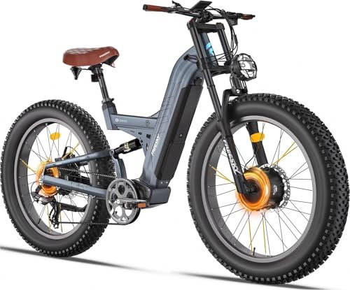 FREESKY Warrior Pro Bici Elettrica Doppio Motore, Batteria 48V 30Ah Rimovibile, Autonomia 152KM, Pneumatici Fat 26×4.0, Sospensione Integrale, VTT Elettrico Adulti, 7 Velocità, 25KM/H 250W