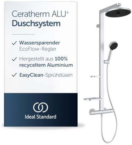 Ideal Standard Ceratherm Alu+ Exposed Shower System, Multiple Showering Functions, Thermostatic Function, Water & Energy Savings, Core Elements from Aluminum – Silver (356x501x1113 mm)