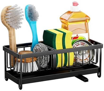 Lomvarith Kitchen Sink Caddy Tidy, Sink Tidy Organizer with Removable Sponge Holder Brush Holder, Sink Storage Organizer, Black
