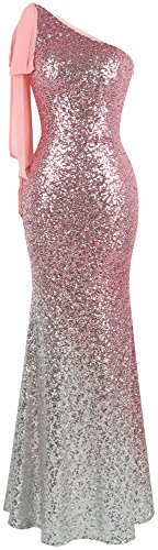 Angel-fashions Femme Asymetrique Ruban Sequin Progressive Mermaid Robe Longue (XXL, Argent Rose)