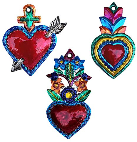 Set di 3 Cuori Color B, artigianato messicano, da appendere, 13 x 6 cm (cuore centrale)