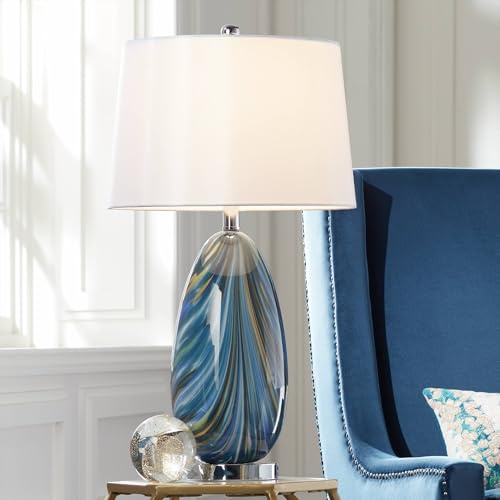 Possini Euro Design Pablo Modern Style 3-Way Table Lamp with Table Top Dimmer 27 Tall Multi Color Blue Art Glass Fabric Drum Shade for Living Room Bedroom Bedside Nightstand Home (Color May Vary)