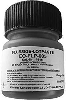 Bauteilschonende, niedrig schmelzende flüssige No-Clean Lotpaste (Schmelzpunkt: 138° C), Pinselflasche 50 g, SnAgBi57,6 (T4), ergiebig, herausragenden Löteigenschaften, EO-FLP-005
