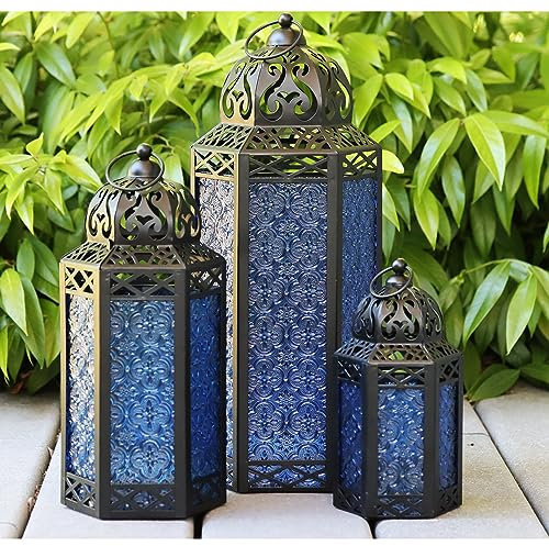Juego Decorativo de Farol de Vela marroquí de 3 para Piso, Decoraciones de Ramadán, decoración Interior del hogar, Patio o Porche al Aire Libre, Bodas, Cobalto
