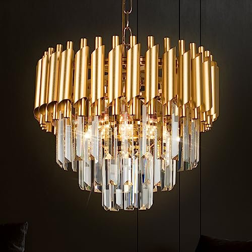 Gold Crystal Pendant Light 3 Tiers Crystal Chandelier Round Chandelier Lampshade Flush Mount Ceiling Lighting Fixture for Kitchen Living Room Dining Room Restaurant,5xE14 Lights