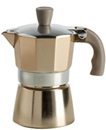 FLUO de Q.b. by MOPITA, Cafetière 1 tasse en aluminium, Guranition en silicone, poignée anti-brûlure, pour tous les plans, cuisson, sans induction, couleur or