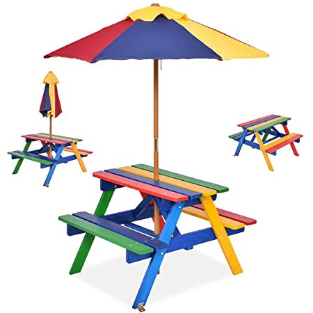 RELAX4LIFE Set Tavolo e Sedie per Bambini, Set Mobile da Esterno con Ombrello Parasole da Esterno, Tavolino e Panche da Giardino Terrazzo Balcone, Mobile da Picnic e BBQ (Modello 3)