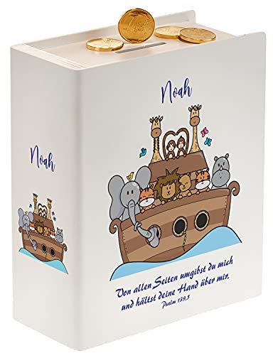 Sparbuch als Personalisiertes Taufgeschenk für Jungen und Mädchen | Spardose aus Holz zur Taufe | Geschenkidee Geldgeschenk für Kinder | Wiederverschließbar | 18x15x7cm | Weiß | Arche Noah