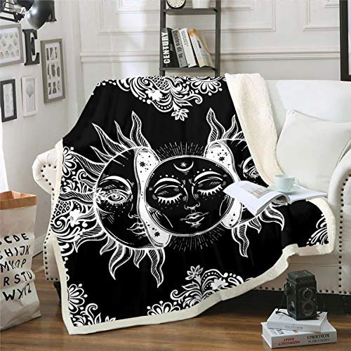 Sonne und Mond Sherpa-Decke Boho exotischer Stil Überwurfdecke für Frauen Teenager Schwarz Weiß Boho-Mandala Plüsch Fuzzy-Decke Bohemian botanisches Blumenmuster weiche Bettdecke, 150 x 200